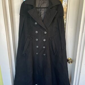 Womens M Black 100% Heavy Soft Double-Breasted Wool Cloak Cape Coat pockets